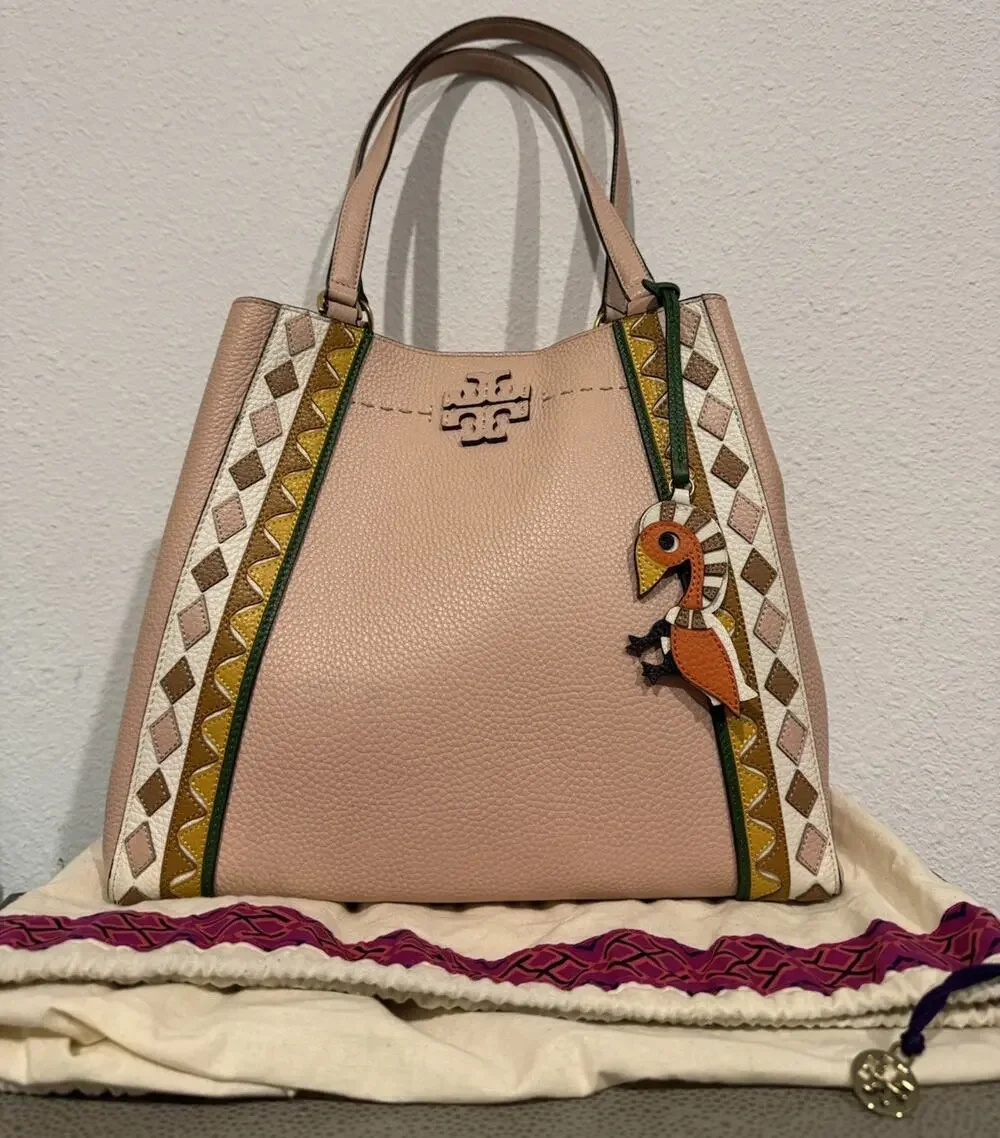 Tory Burch Tote Bag Salt Pink Mcgraw Patchwork Bird Tassel Leather Purse 54283